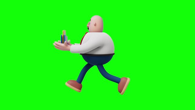 3D cartoon businessman running and holding a yellow folder with documents, side view.