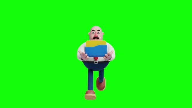 3D cartoon businessman holding a blue folder, front view, isolated on a green background