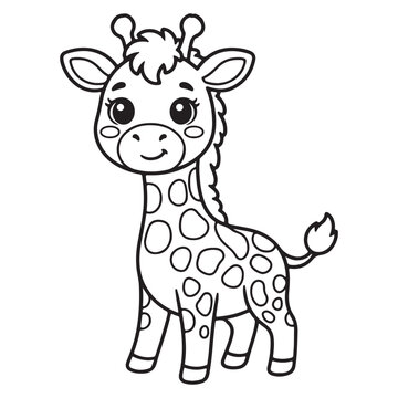 Cute cartoon baby giraffe outline line art illustration. Black and white safari animal character with spots for kids coloring page activity book.