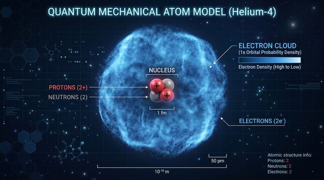 Quantum mechanical atom model of helium-4 with electron cloud and nucleus for scientific education