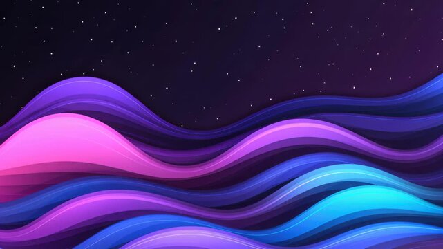 Abstract Cosmic Waves: Swirling waves of vibrant purple, pink, and blue undulate across a cosmic background dotted with stars, creating a surreal and mesmerizing visual.
