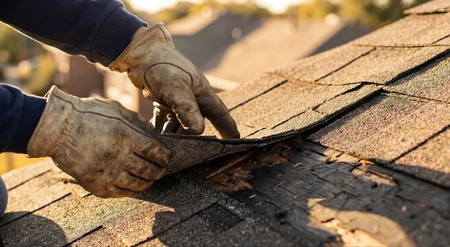 Gloved roofer lifts damaged asphalt shingles on a residential roof, revealing worn wood beneath while inspecting the roofing surface in warm sunlight with blurred houses in the background