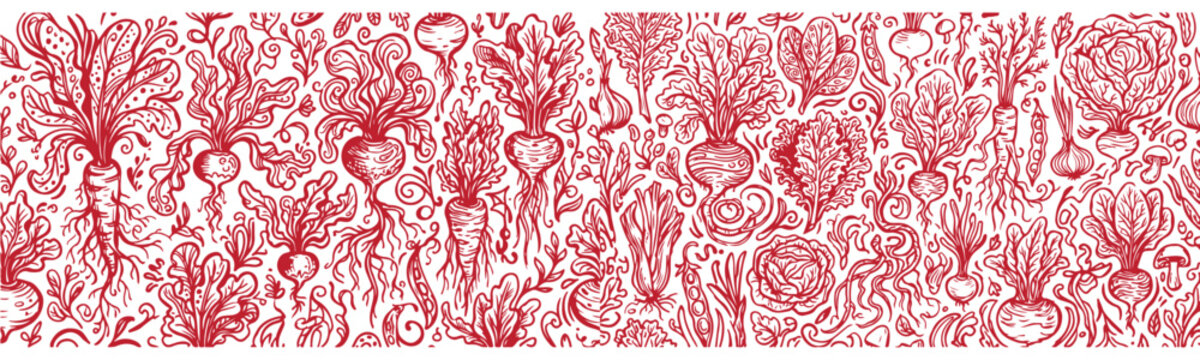Hand drawn root vegetables seamless banner illustration with vintage engraved beetroot carrot and cabbage linear pattern
