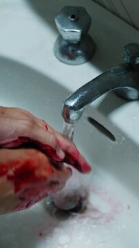 Murderer's Hands Smeared With Red Blood Wash Themselves In The Sink On Halloween