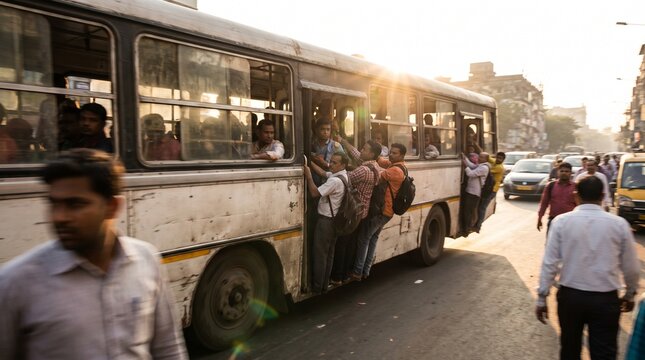 South Asian male commuters hanging dangerously from the open doors of an overcrowded public transit bus during busy morning rush hour traffic in an Indian city street