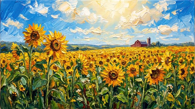 Vibrant oil painting capturing a stunning rural landscape filled with blooming yellow sunflowers under a bright sunny sky