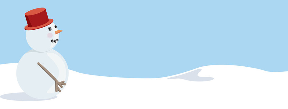 Friendly Snowman With Red Hat, a Snow Drift, and Blue Sky Winter Landscape or Holiday Graphic