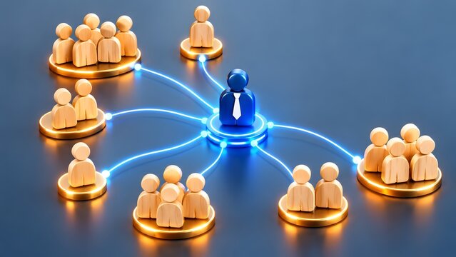 Central blue figure connected to wooden figures via glowing neon lines. Concept of corporate leadership and centralized workflow orchestration.