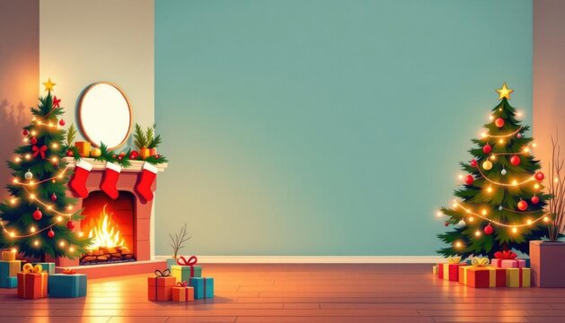 Cozy christmas living room with decorated tree and fireplace