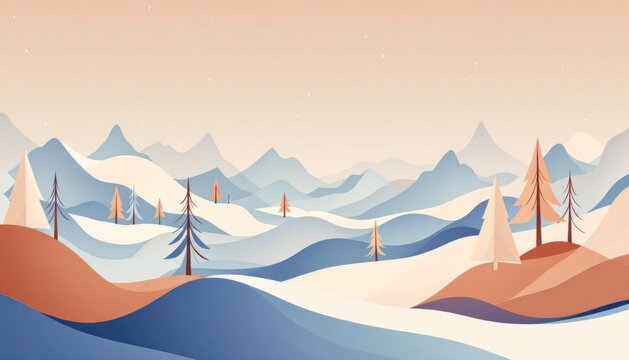 Tranquil abstract mountain landscape with pastel hues and minimalist tree silhouettes
