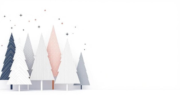 Minimalist christmas forest with geometric paper trees and snowflakes on white background