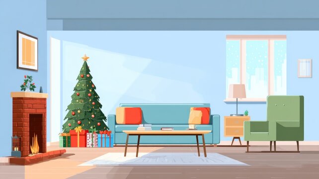 Cozy modern living room with christmas tree and fireplace