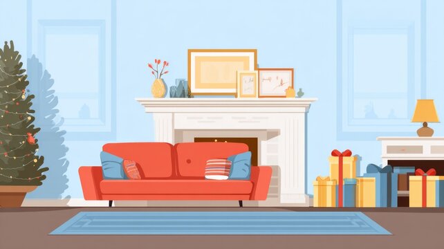 Cozy living room with festive christmas decor and gifts by the fireplace