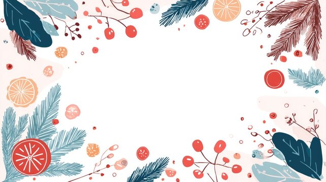 Festive botanical border with winter foliage and berries on a white background