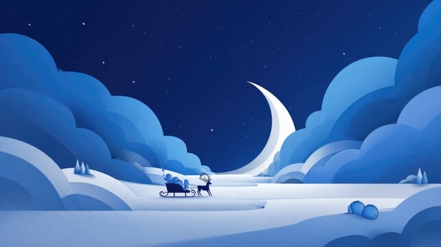 Dreamy winter night with sleigh and crescent moon under starry sky