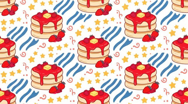 Delicious strawberry pancake seamless pattern background with sweet syrup, fresh berries, whip cream, and floral geometric elements. Perfect food wallpaper, dessert print, and bakery textile.
