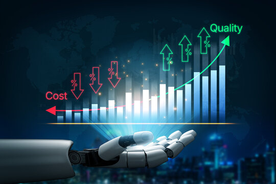 Robotic Hand Displaying Cost and Quality Trends with Graphs and Arrows Representing Data Growth and Analysis in a Digital Environment. Bitwise.