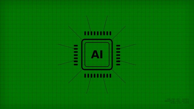 Minimalist green background with a central black AI microchip processor icon on a grid pattern, representing artificial intelligence and future technology, ideal for tech presentations and