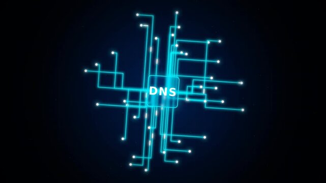Glowing digital network with central DNS text and cyan circuit lines, concept for domain name system routing, suitable for web hosting and network infrastructure design.