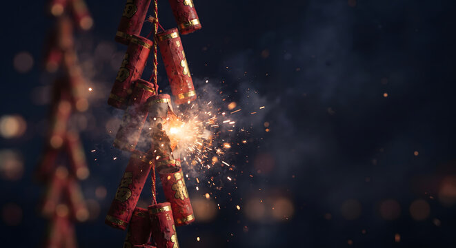 Exploding Chinese firecrackers string during Lunar New Year celebration
