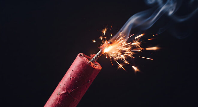 Lit firecracker fuse with bright golden sparks and smoke against a dark background