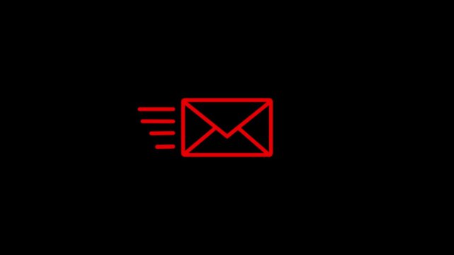 mail email message sending envelope red color icon loop animation on black background.4k video animation