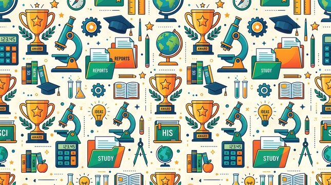 Back to school seamless pattern vector background with cute school supplies, student books, and learning icons for education design.