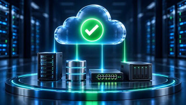 Glowing cloud computing icon featuring a green success checkmark connected directly to physical network servers and database storage drives illustrating synchronized data backup and recovery systems