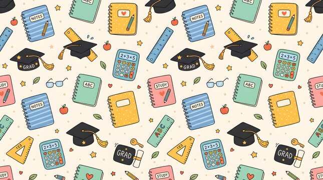 Back to school seamless pattern vector background with cute school supplies, student books, and learning icons for education design.