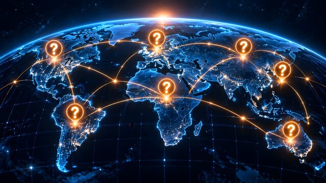 Glowing question mark location pins connected across a digital globe representing a global network of business inquiry and international problem solving