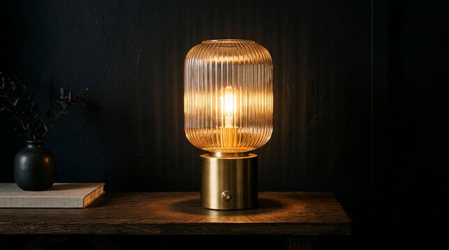 Modern brass table lamp with ribbed glass shade and warm light
