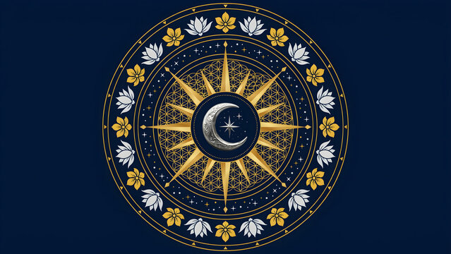 Celestial mandala with golden sun and moon for spiritual graphic design