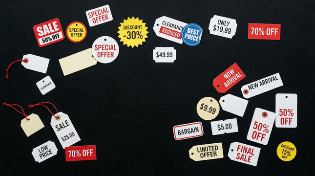 Sale and discount tags scattered on a black background