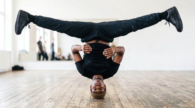 Breakdancer doing headspin freeze in stylish urban studio environment. Dynamic breakdancer showcases impressive headspin freeze with legs raised high, demonstrating skills and balance.