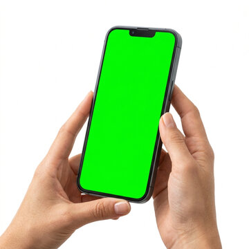 Person holding a smartphone with a green screen