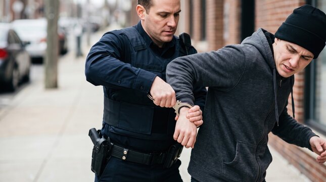Officer apprehending resisting suspect on urban street. Officer restrains individual wearing hoodie and beanie while handcuffing on sidewalk.