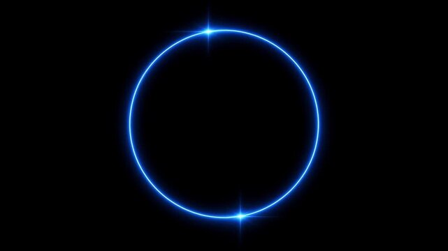 Glowing blue neon circle frame with bright lens flare sparks isolated on a dark background template