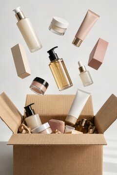 Cosmetics Falling Into Shipping Box