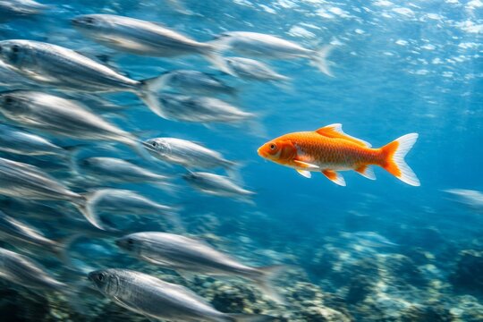 Orange Fish Swimming Against Silver School