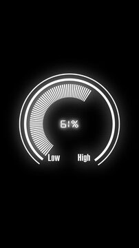 Gauge dial animation displays seventy seven percent with labels Measurement telemetry updates on the gauge dial animation Speed monitoring readouts track on this gauge dial animation