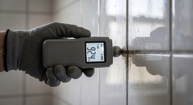 Moisture Meter Reading on Wet Tiles for Humidity Assessment.