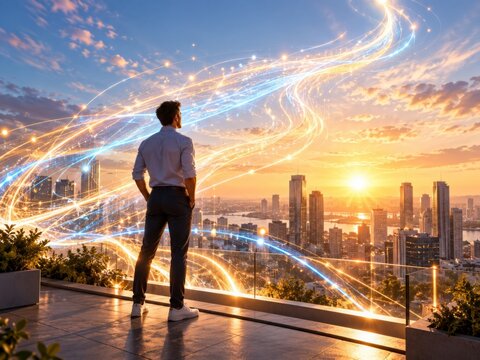 Businessman Overlooking City Energy Flow