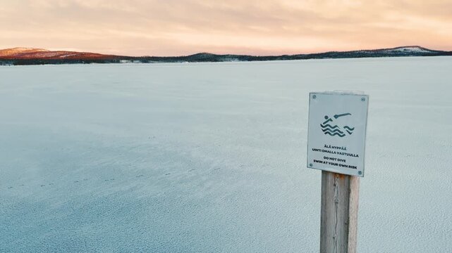 Winter Warning Sign Juutuanvuono Fjord Inari Lapland Finland