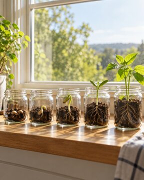 Seedlings Growing in Glass Jars