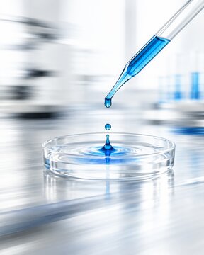 Laboratory Pipette Dropping Blue Liquid into Petri Dish