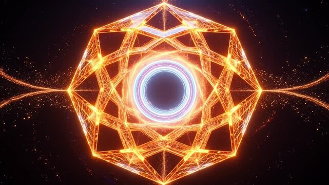 Glowing abstract geometric portal with fiery orange energy structures and a bright blue central core against a dark starry background for science fiction themes