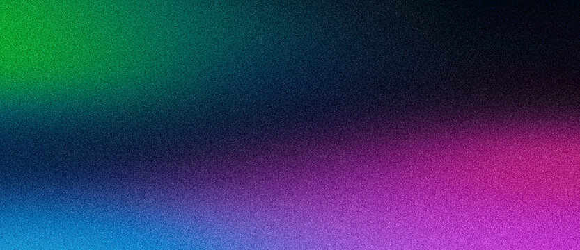 Wide banner grainy background, abstract grain texture vibrant gradient, purple green blue glowing color blurs on black backdrop, dark header, poster, flyer, cover or wallpaper design