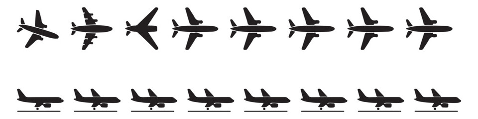 Set of airplane takeoff and landing icons for flight tracking applications and travel marketing. © MDNAZMUL
