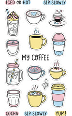 Obraz premium Whimsical Coffee Drinks and Mugs Sticker Collection