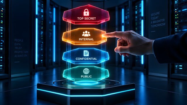 Hand selecting the internal tier on a glowing holographic data classification interface in a server room illustrating corporate information security and digital access management
